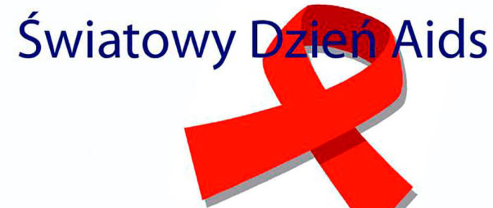 Grafika przedstawia czeroną wstążkę będącą symbolem Światowego Dnia Aids oraz napis Światowy Dzień Aids