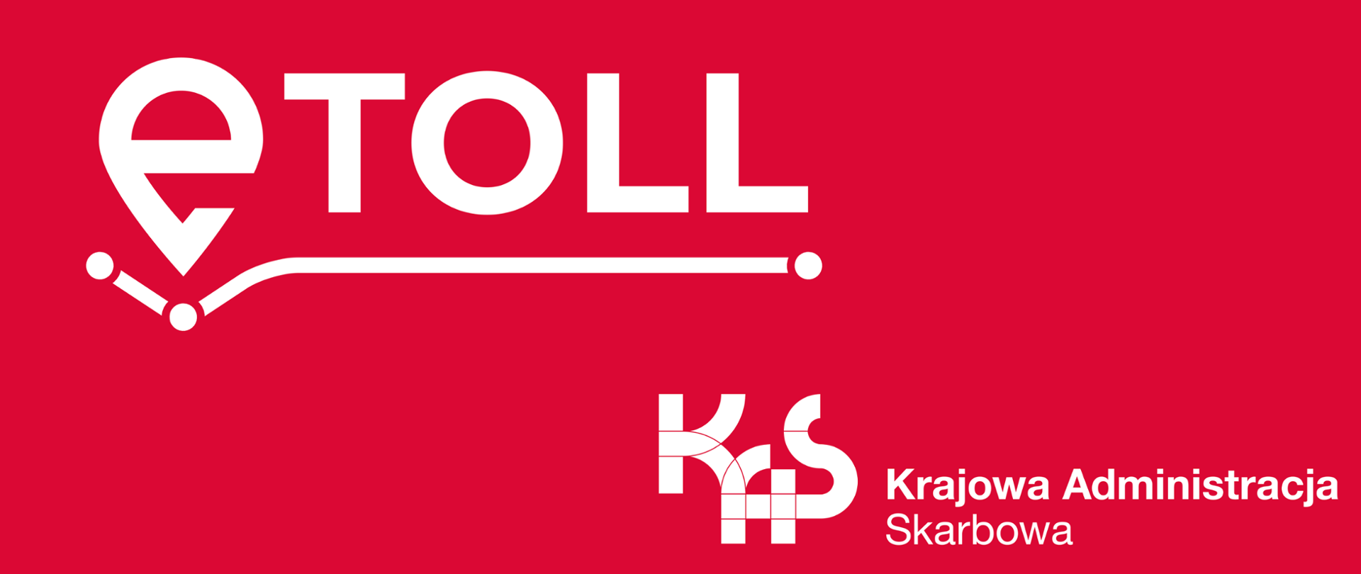 U góry Logotyp eTOLL - litera E przechodząca w kształt znacznika (pinezki) zaznaczającej poziomą linię oznaczającą punkty opłat na drodze. Dalej litery TOLLLogotyp eTOLL - litera E przechodząca w kształt znacznika (pinezki) zaznaczającej poziomą linię oznaczającą punkty opłat na drodze. Dalej litery TOLL. Poniżej logotyp KAS - Krajowa Administracja Skarbowa, Litery KAS połączone liniami. Dalej nazwa jednostki - Krajowa Administracja Skarbowa
