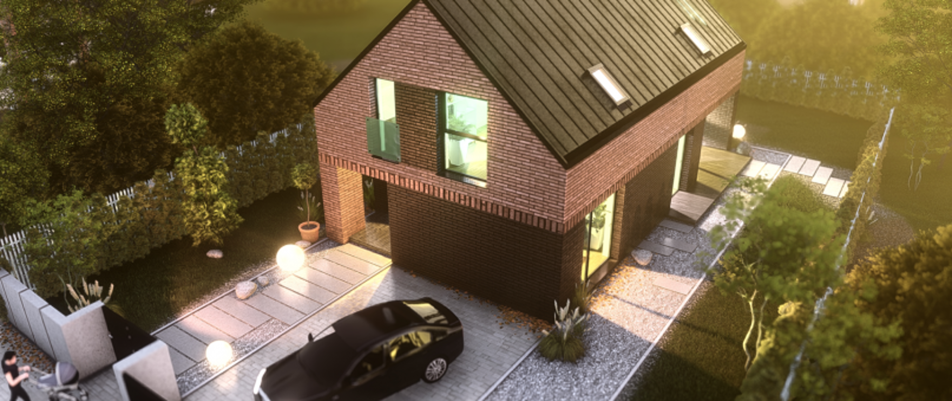Dwupiętrowy dom z cegły z ogrodem, podjazdem i zaparkowanym czarnym autem; dwie osoby stoją przy bramie wejściowej.