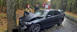 Ciemny samochód znajduje się przodem przy drzewie z uszkodzoną maską i zderzakiem, w pobliżu znajduje się trzech strażaków, w oddali stoi samochód straży pożarnej 
