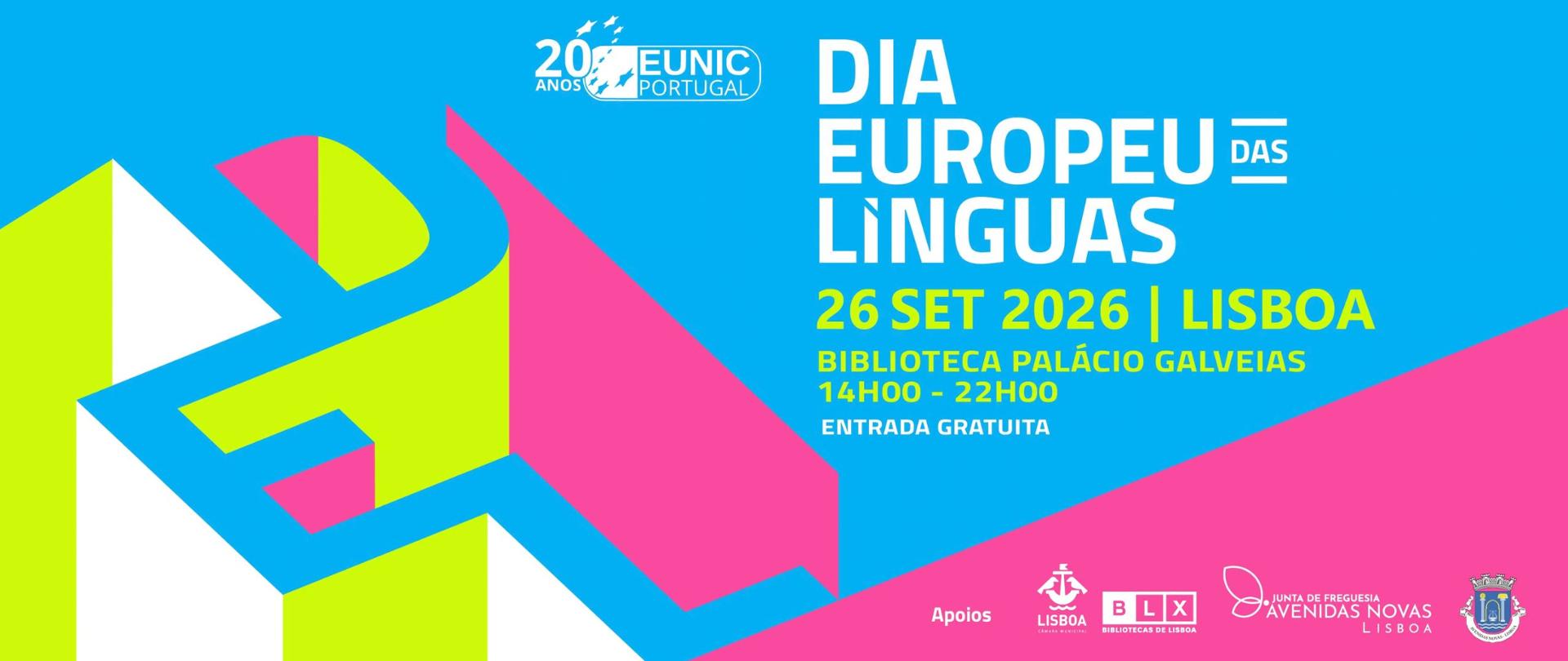 Grafika promująca Europejski Dzień Języków 2026 w Lizbonie, organizowany 26 września w Bibliotece Palácio Galveias w godz. 14:00–22:00. W wydarzeniu uczestniczą przedstawicielstwa 14 państw europejskich.