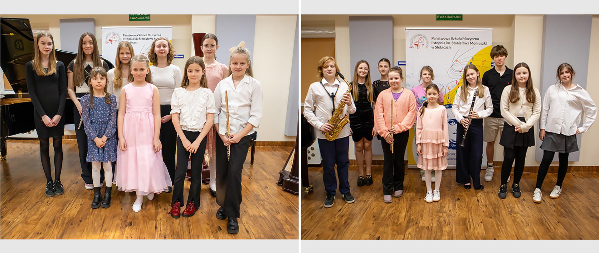 Collage dwóch zdjęć, na obu w auli szkolnej, na tle baneru szkolnego stoją grupy uczniów, niektórzy z nich trzymają w rękach instrumenty muzyczne.