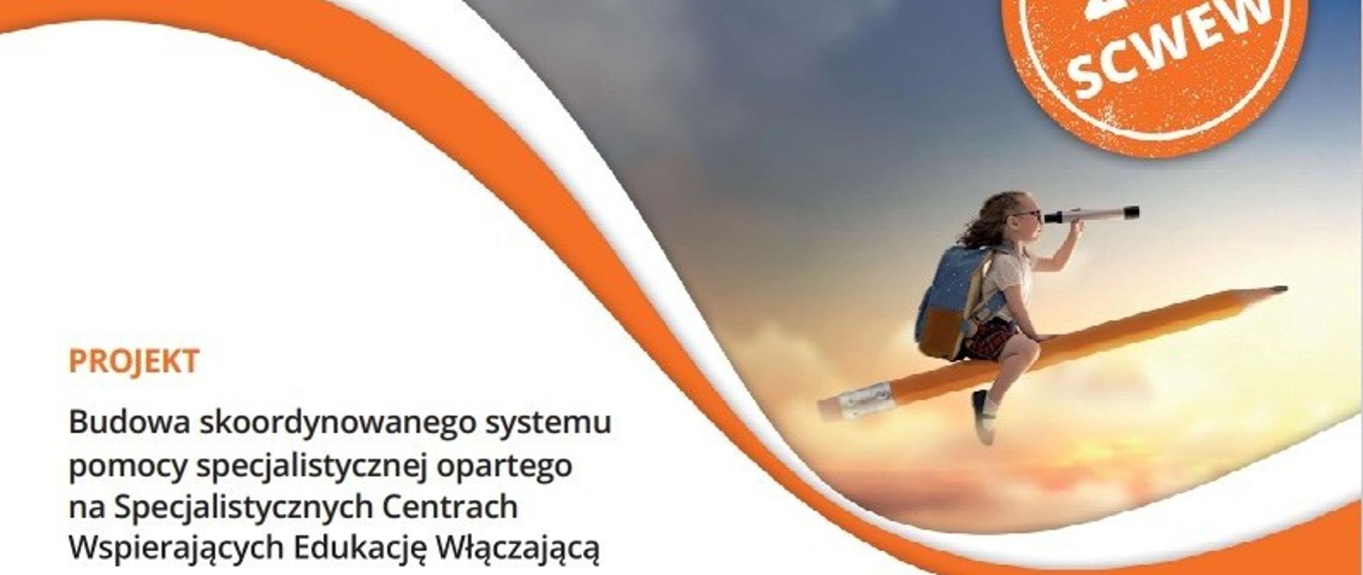 grafika przedstawiająca dziewczynkę patrzącą przez lunetę i siedzącą na ołówku