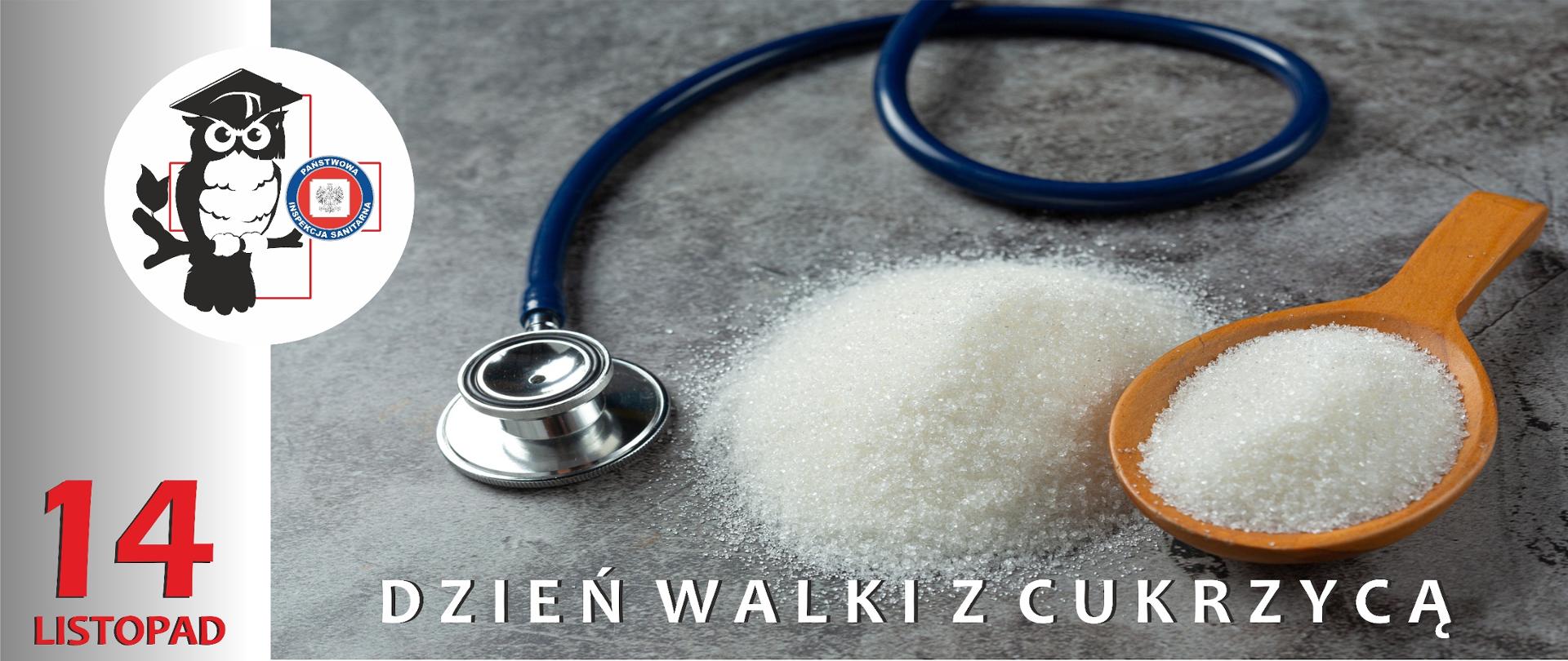 Światowy Dzień Walki z Cukrzycą 2022 baner. 14 listopad. (Opis ilustracji: Na stole leży stetoskop, łyżka z cukrem i rozsypany cukier). )(zdjęcie: pixabay.com)
