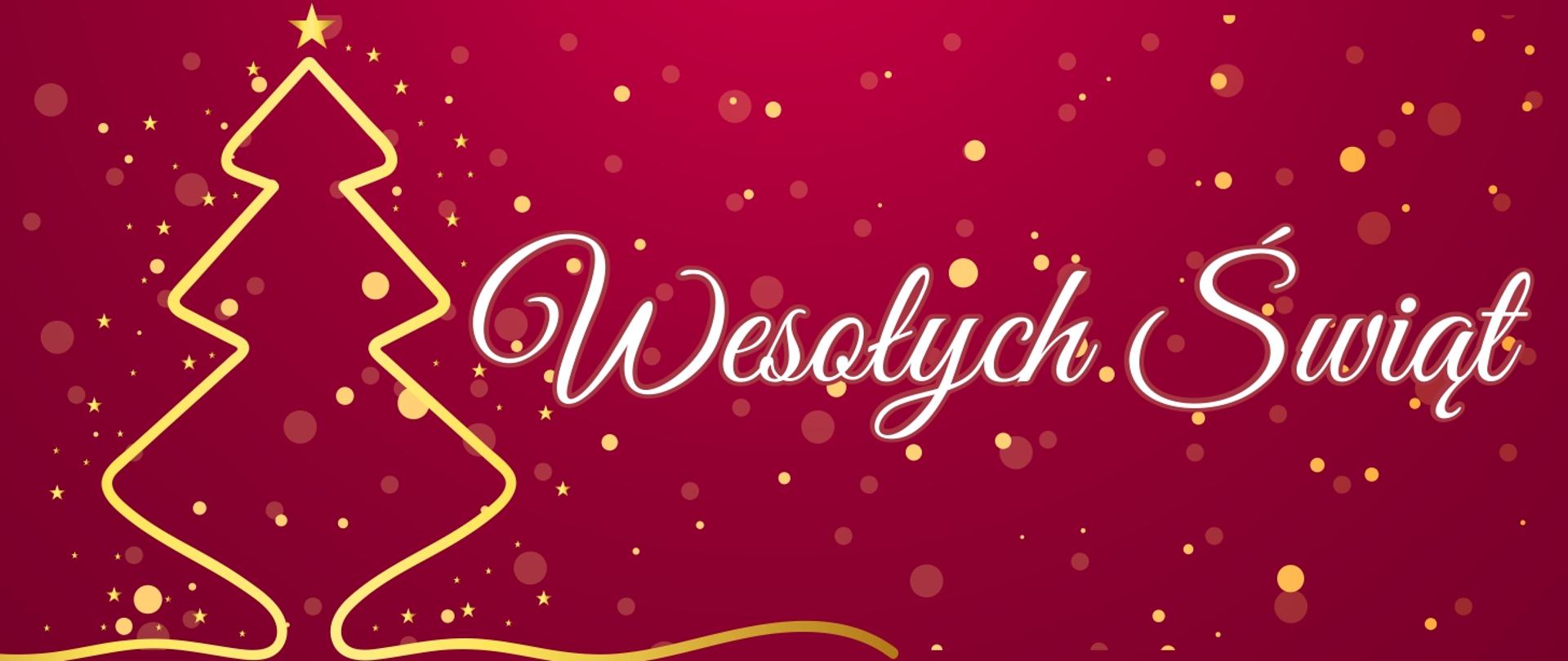 Napis Wesołych Świąt na czerwonym tle, z boku złota choinka.