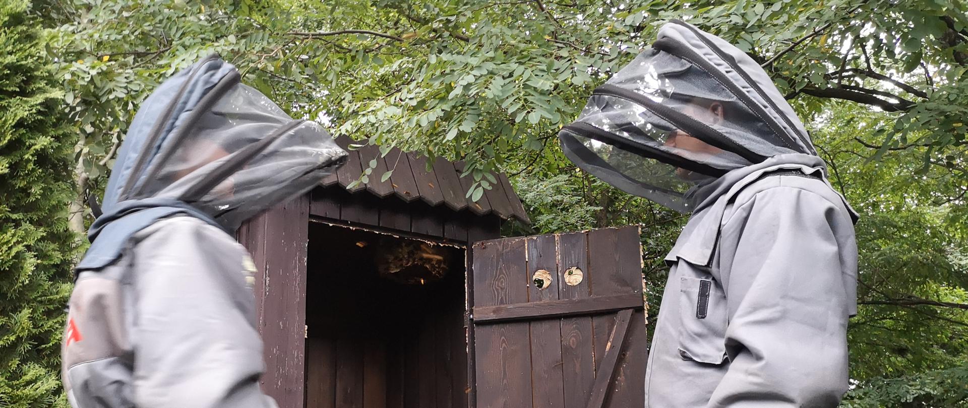 Strażacy usuwają gniazdo szerszeni w ubraniach przeciw owadom.