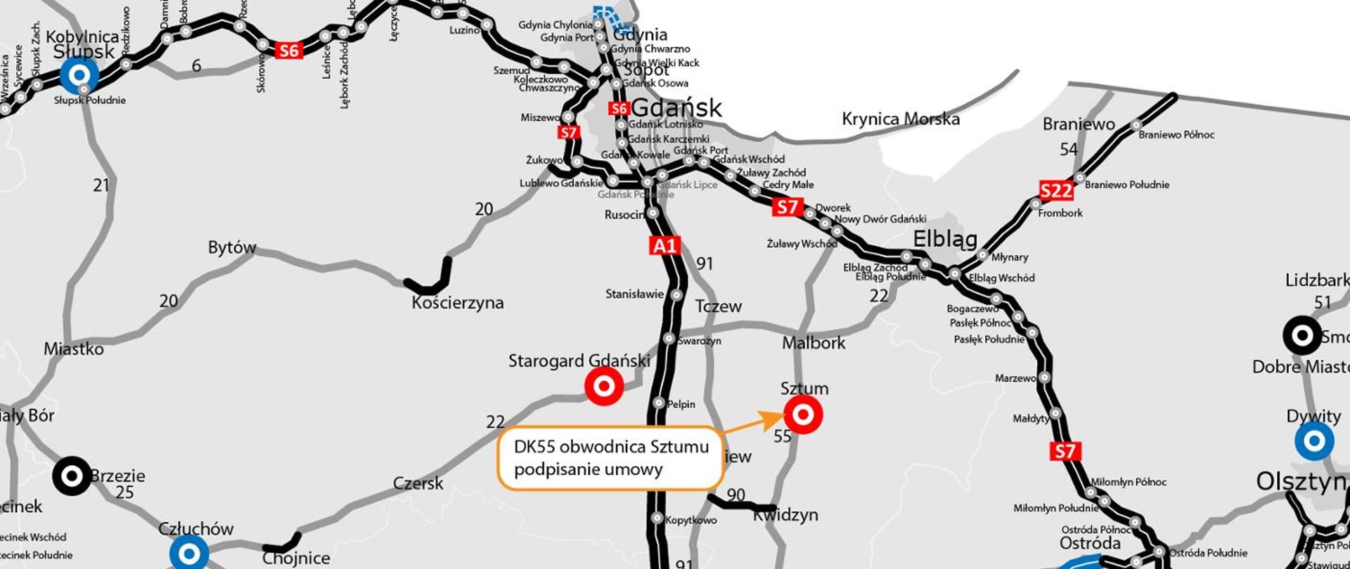 DK55 obwodnica Sztumu mapa