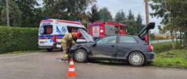 Wypadek drogowy - strażacy pracują przy samochodzie