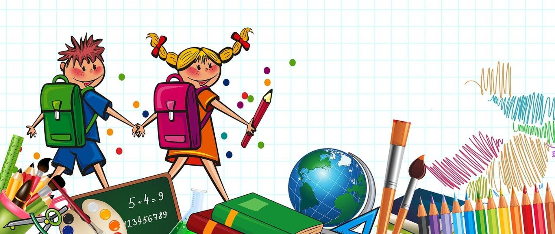 rysunek uczniów idących do szkoły