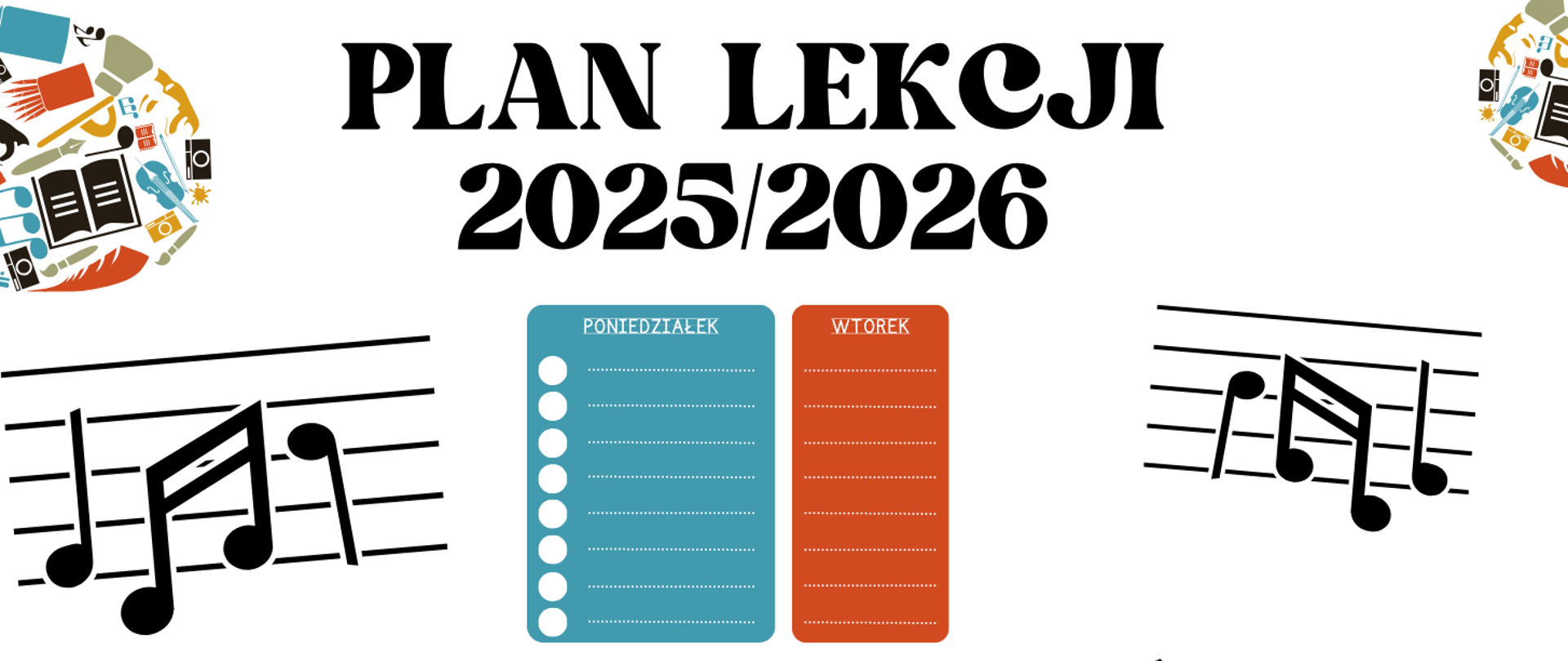 Grafika z pustym planem lekcji. W górnej części obrazu widnieje napis "PLAN LEKCJI 2025/2026". Litery są duże i pogrubione. W lewym górnym rogu znajduje się okrągła, kolorowa grafika, która przedstawia ikony związane ze szkołą i literaturą. W prawym górnym rogu znajduje się jej lustrzane odbicie.