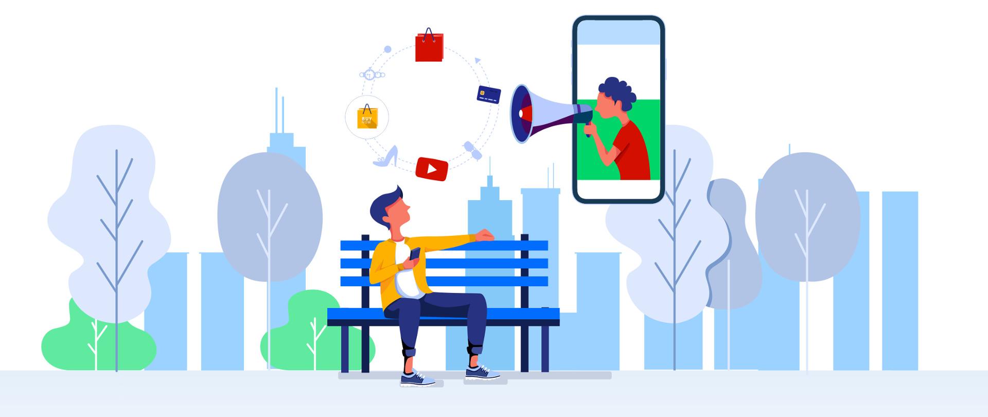 Grafika wektorowa - mężczyzna siedzący na ławce w parku, nad nim postać z megafonem wyłaniająca się z telefonu komórkowego, wokół ikony kojarzące się z internetem.