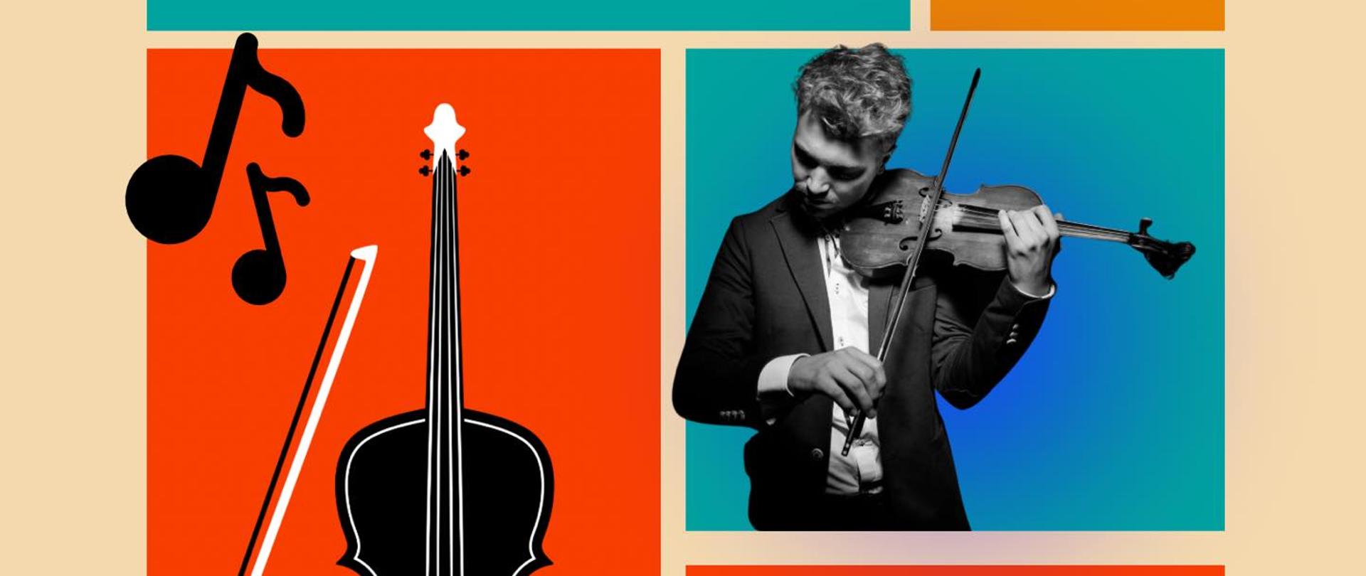 Kolorowy plakat z napisem Warsztaty skrzypcowe dr Fabio Salmeri