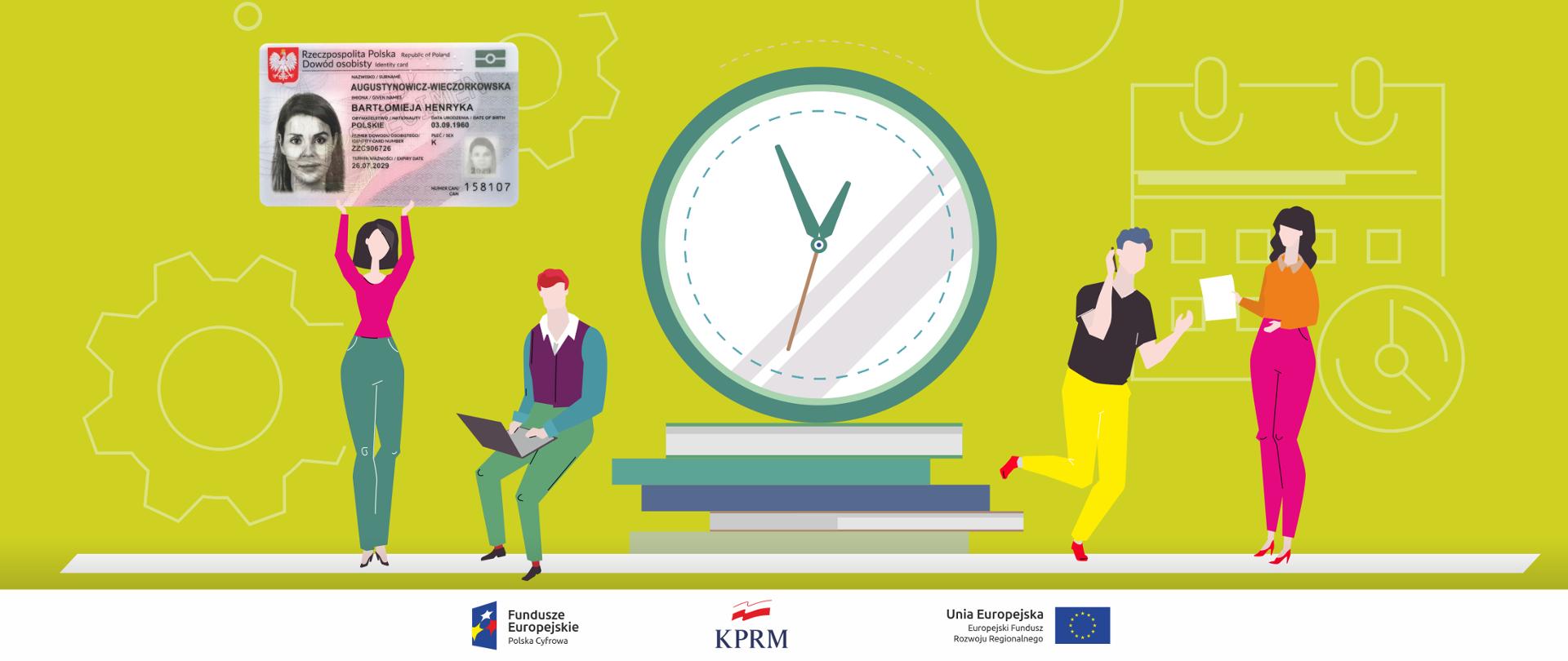 Grafika wektorowa na jaskrawo zielonym tle. Na środku - stojący na książkach zegar. Z każdej jego strony po dwie osoby (kobieta i mężczyzna), korzystający z telefonu lub laptopa. Kobieta stojąco jako pierwsza z lewej nad głową trzyma e-dowód.