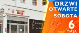 Plakat drzwi otwartych w kolorach pomarańczowym i granatowym. Po lewej zdjęcie budynku szkoły, po prawej tekst w kolorze białym Drzwi Otwarte sobota 6 maja 