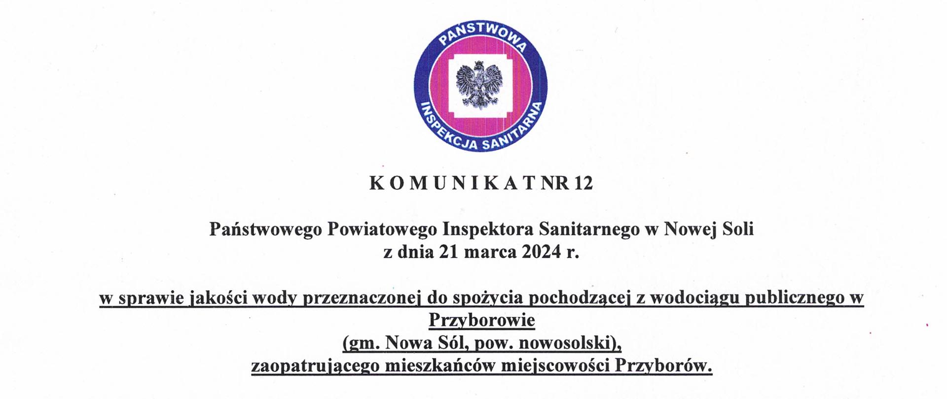 Komunikat nr 12 jakość wody Przyborów