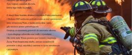 Zdjęcie przedstawia strażaków na tle ognia i życzenia z okazji Dnia Strażaka