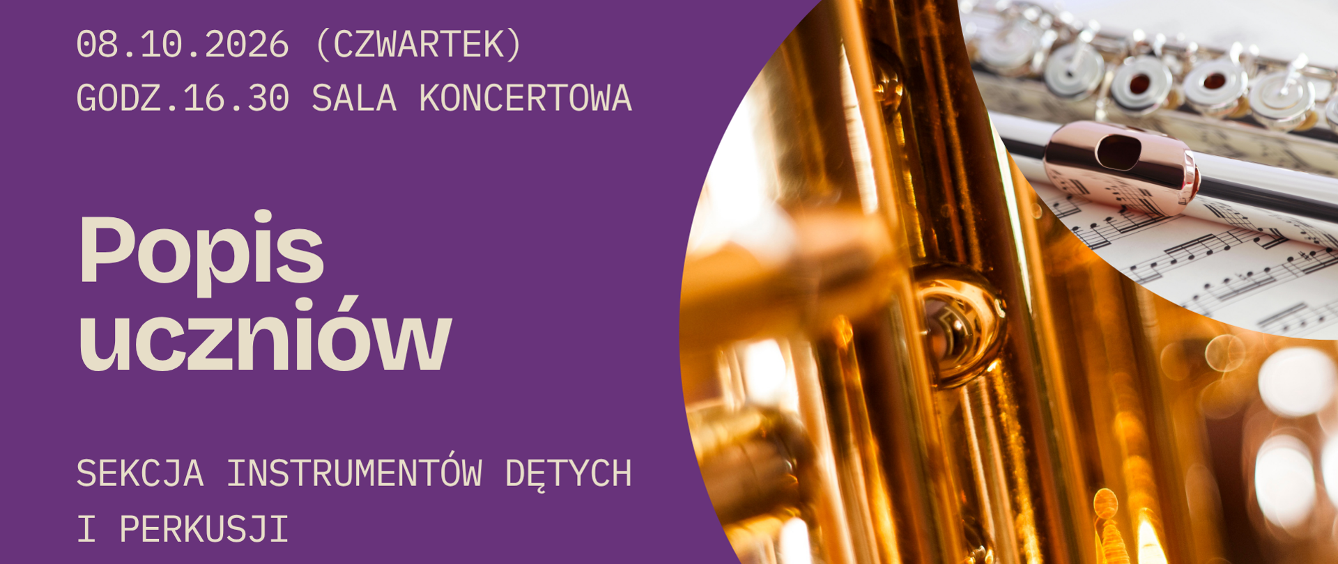 Plakat w fioletowej kolorystyce z dużym zdjęciem złotego instrumentu dętego oraz fragmentem fletu poprzecznego z nutami. Po lewej stronie znajduje się tytuł „Popis uczniów” i logo PSM Zabrze.