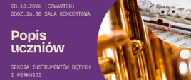 Plakat w fioletowej kolorystyce z dużym zdjęciem złotego instrumentu dętego oraz fragmentem fletu poprzecznego z nutami. Po lewej stronie znajduje się tytuł „Popis uczniów” i logo PSM Zabrze.
