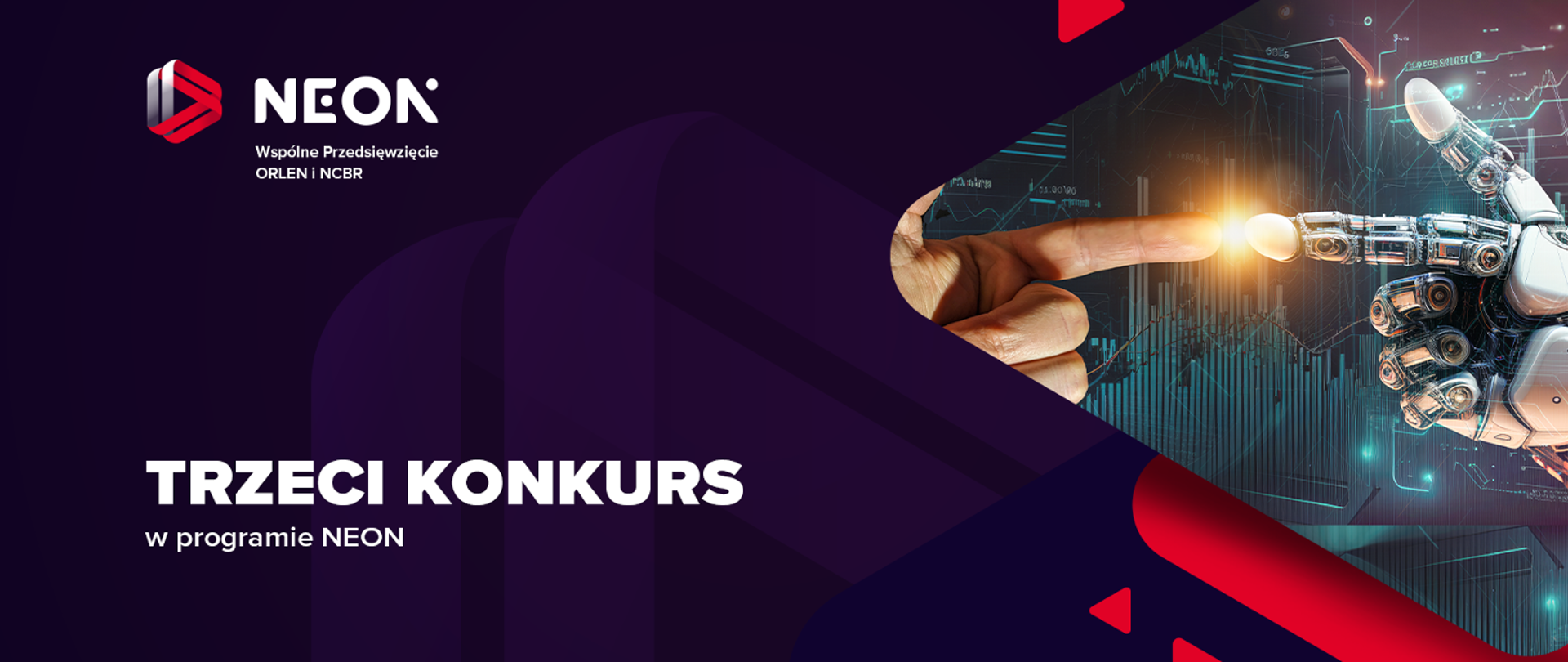 Grafika - na granatowym tle ludzka dłoń i łapa robota, obok napis Trzeci konkurs w programie NEON.