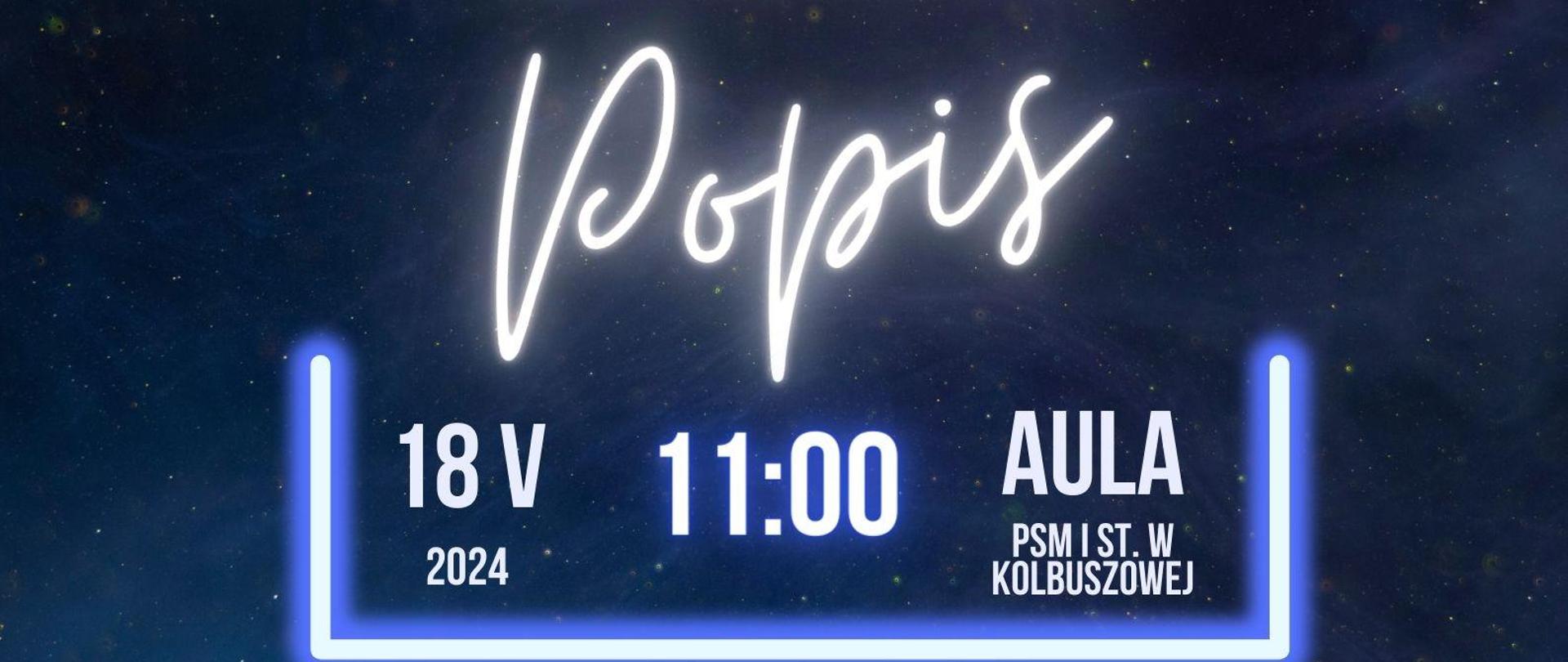 Plakat na ciemno granatowym tle z informacją o popisie w kolorze białym. na dole znajdują się ikony instrumentów w kolorze białym.