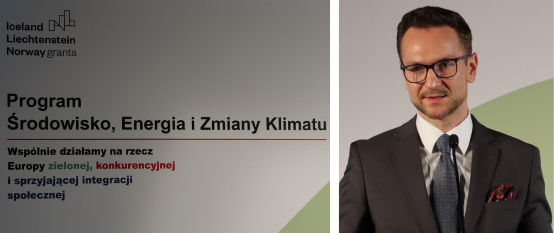 Zdjęcie ministra Budy i napis Program Środowisko, Energia, Zmiany Klimatu . Wspólnie działy na rzecz Europ zielonej, konkurencyjnej i sprzyjającej integracji społecznej