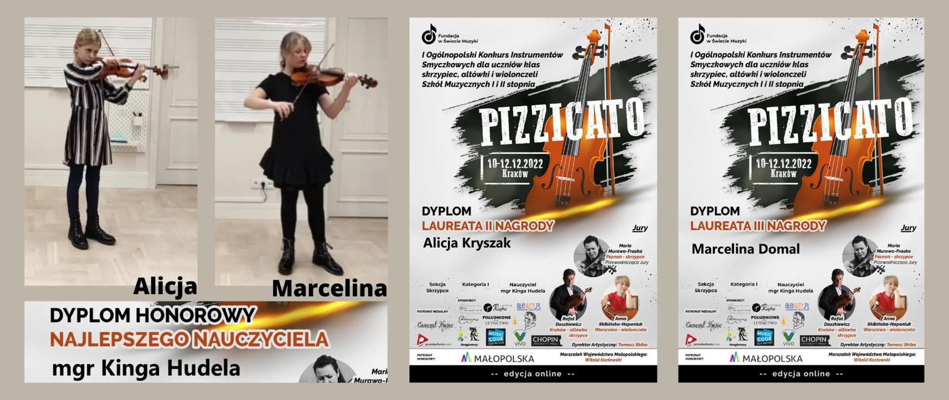 Projekt na beżowym tle zawierający po lewej stronie dwa zdjęcia a po prawej dwa dyplomy. Zdjęcia przedstawiają uczennice grające na skrzypcach na tle białej tablicy w pięciolinię i białych drzwi. Na pierwszym zdjęciu od lewej dziewczynka ubrana jest w sukienkę w pasy biało-czarne, a na drugim w czarną sukienkę. Pod zdjęciami wstawiony jest fragment dyplomu zawierający napis: dyplom honorowy najlepszego nauczyciela mgr Kinga Hudela. Dyplomy mają jasno szare tło. Na każdym z nich w lewym górny rogu wstawiona jest nazwa oraz logo organizatora w formie nutki w kółku. Poniżej od lewej wstawiona jest nazwa konkursu, a obok skrzypce w kolorze brązowym na czarnym tle (efekt pociągniętego pędzla). Na skrzypcach po skosie jest napisane wielkimi literami i dużą czcionką słowo pizzicato, a pod nim mniejszą czcionką data i miejsce. Poniżej z lewej strony jest napisane: dyplom, laureat II (na jednym) III (na drugim) nagrody oraz imię i nazwisko ucznia (na każdym inne). Na dole znajdują się informacje na temat sekcji, kategorii, nauczyciela i jurorów. 