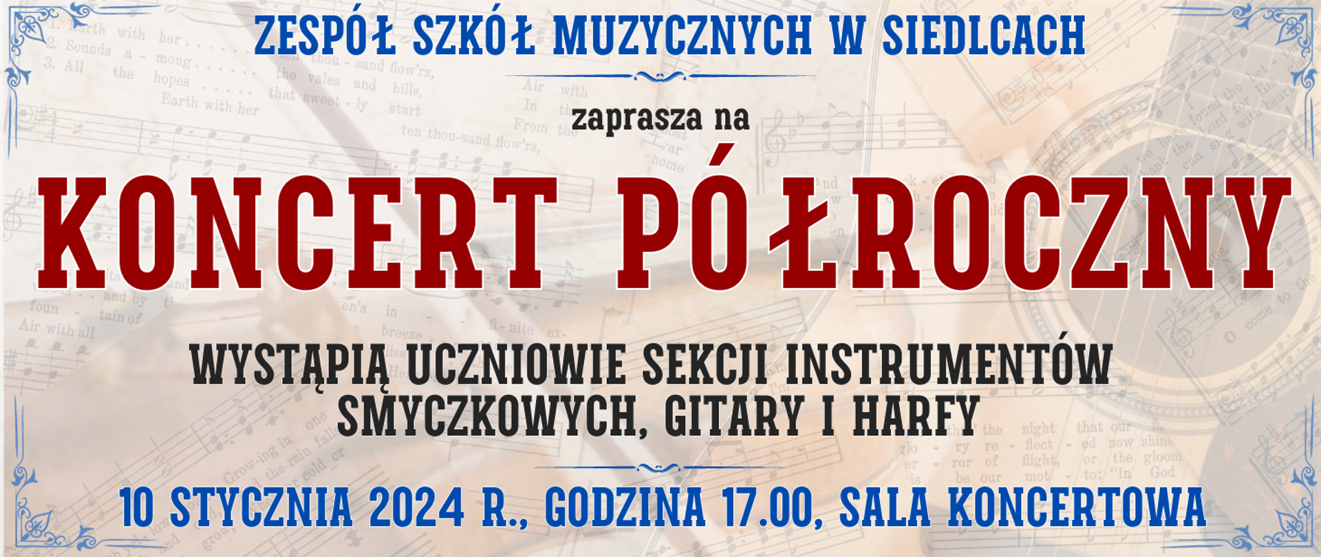 kolorowe tło z półprzezroczystymi nutami muzycznymi, gitarą i skrzypcami oraz informacja o wydarzeniu