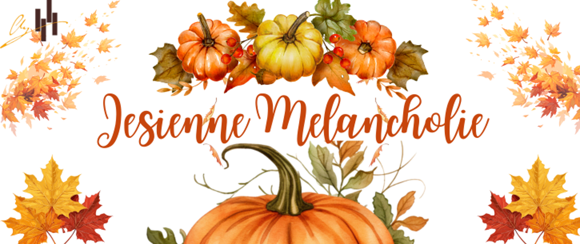 Plakat ma jesienny, ciepły charakter – utrzymany w odcieniach pomarańczu, brązu i złota. Na środku ozdobną kaligraficzną czcionką, znajduje się tytuł wydarzenia:„Jesienne Melancholie”. Na plakacie widać kolorowe jesienne liście oraz kolorowe dynie