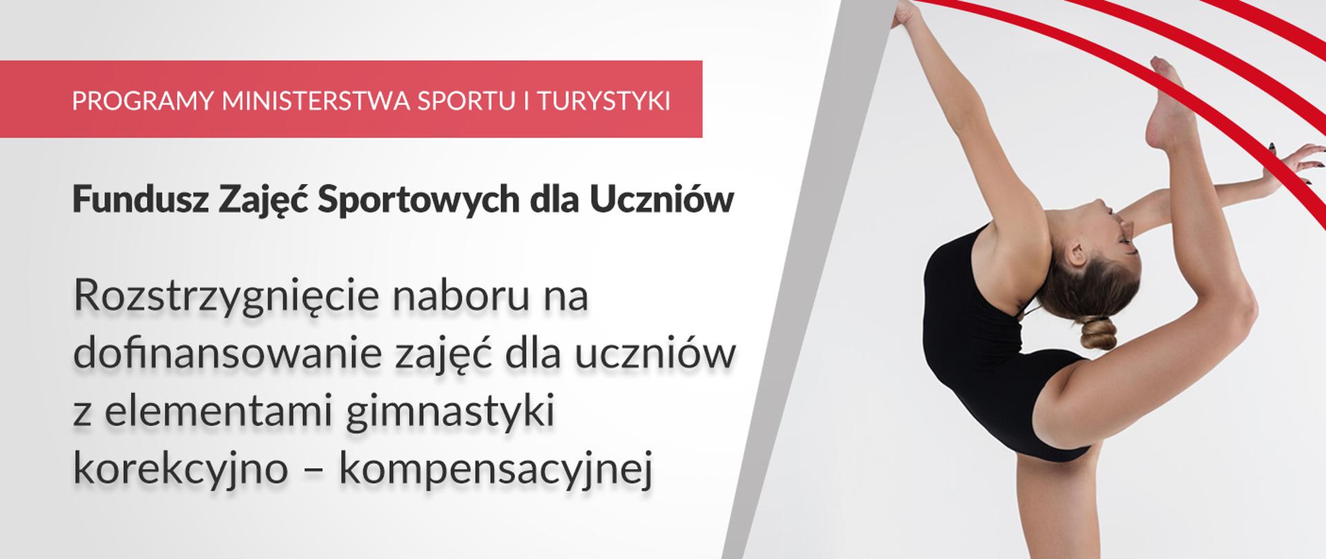 Rozstrzygnięcie naboru na dofinansowanie zajęć dla uczniów z elementami gimnastyki korekcyjno-kompensacyjnej. Na obrazku ubrana w czarny kostium młoda gimnastyczka podczas treningu