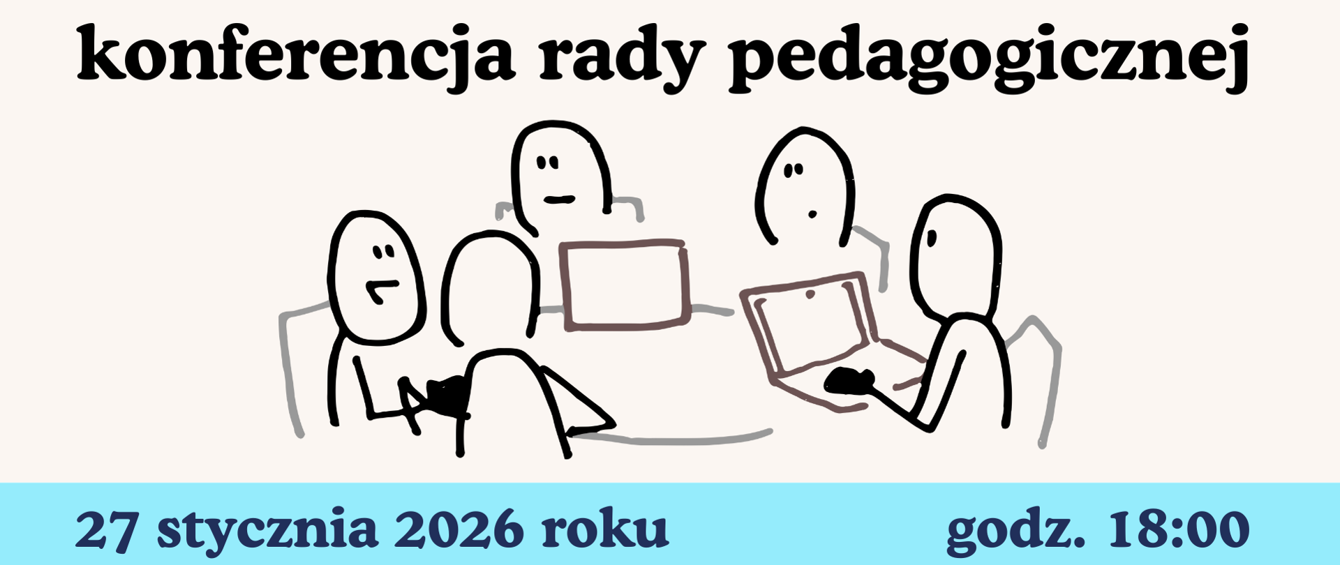 Uproszczona, rysunkowa grafika przedstawiająca kilka schematycznych postaci siedzących przy stole podczas spotkania, część z nich korzysta z laptopów. Styl minimalistyczny, czarne kontury na jasnym tle.