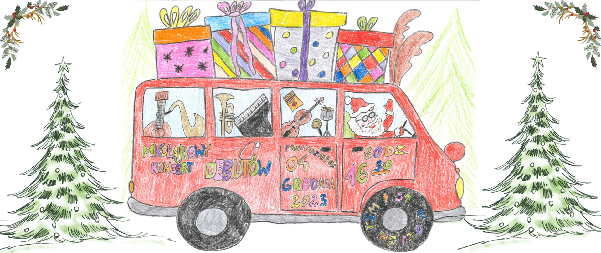 Grafika przedstawia czerwony autobus wiozący instrumenty, kierowcą jest Św. Mikołaj. Na dachu autobusu znajdują się prezenty. Tło plakatu białe, po prawej i lewej stronie zielone choinki. Kolorowe napisy informujące o wydarzeniu pn. " Mikołajkowy koncert debiutów. 