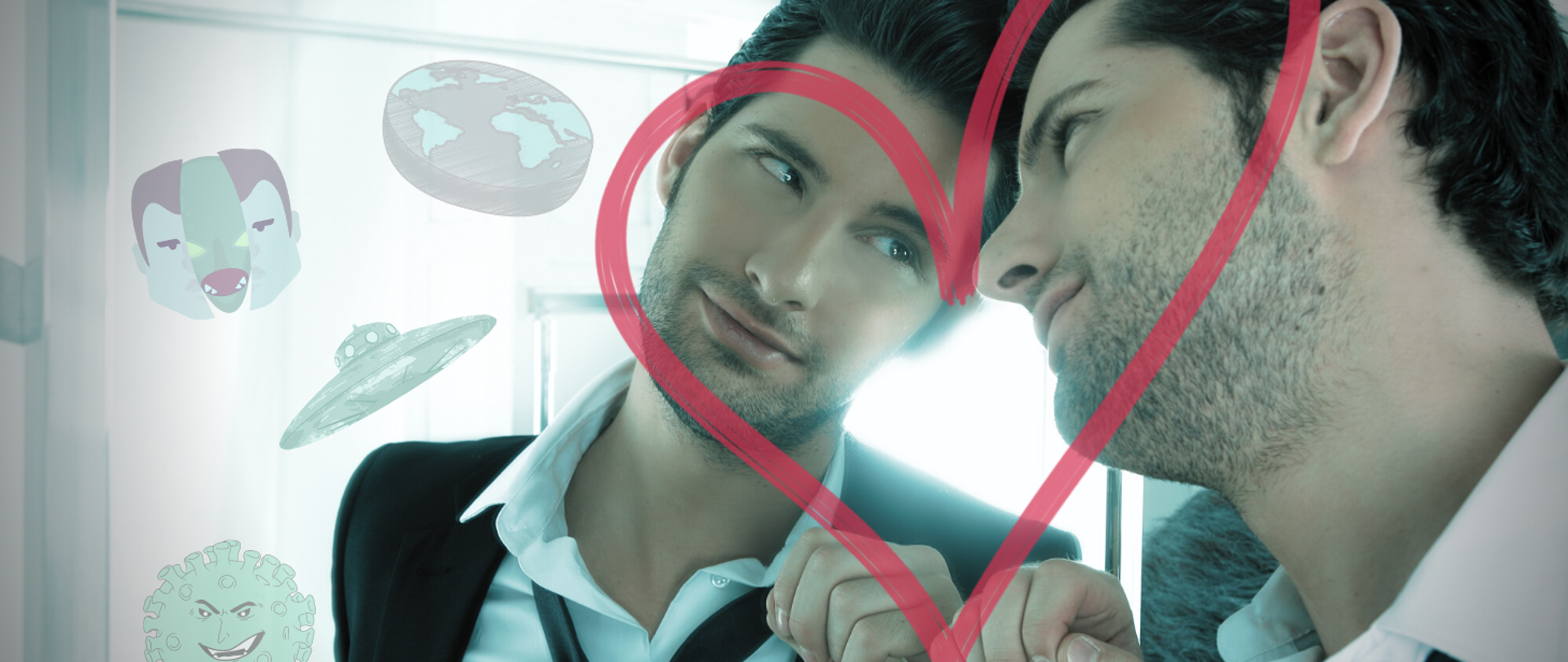 Mężczyzna stoi przed lustrem patrząc na swoją twarz, wokół głowy lata UFO, koronawirus. Wokół głowy mężczyzny narysowane jest serce.