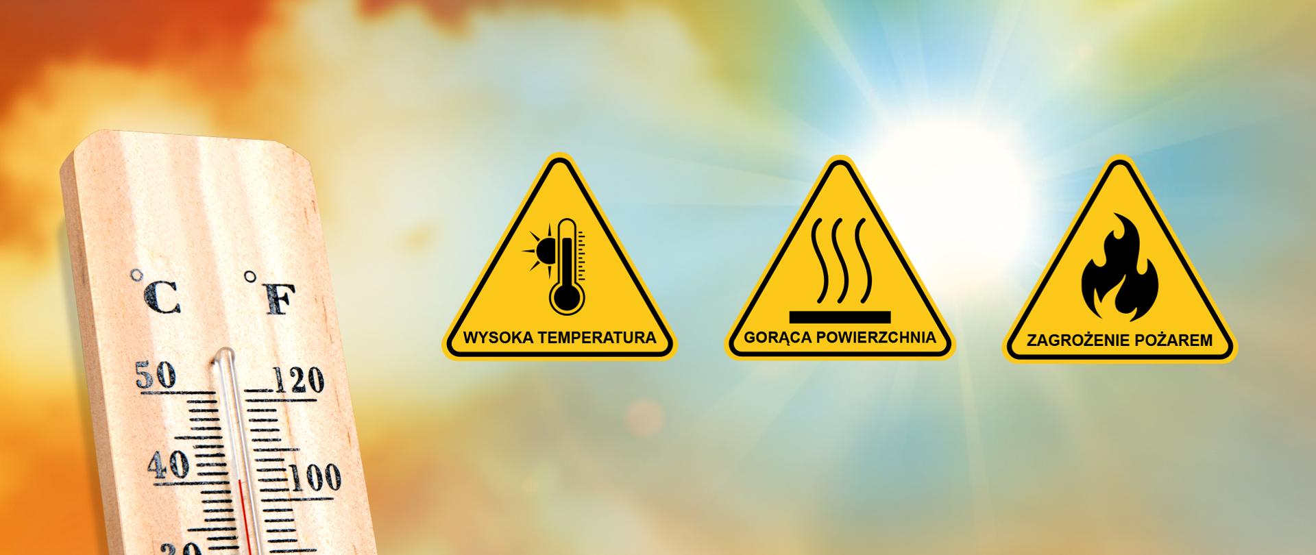Na tle nieba z mocnym światłem słonecznym po kolei znajdują się termometr pokazujący temperaturę 40 stopni oraz trzy trójkąty ostrzegawcze z napisami: wysoka temperatura, gorąca powierzchnia i zagrożenie pożarem