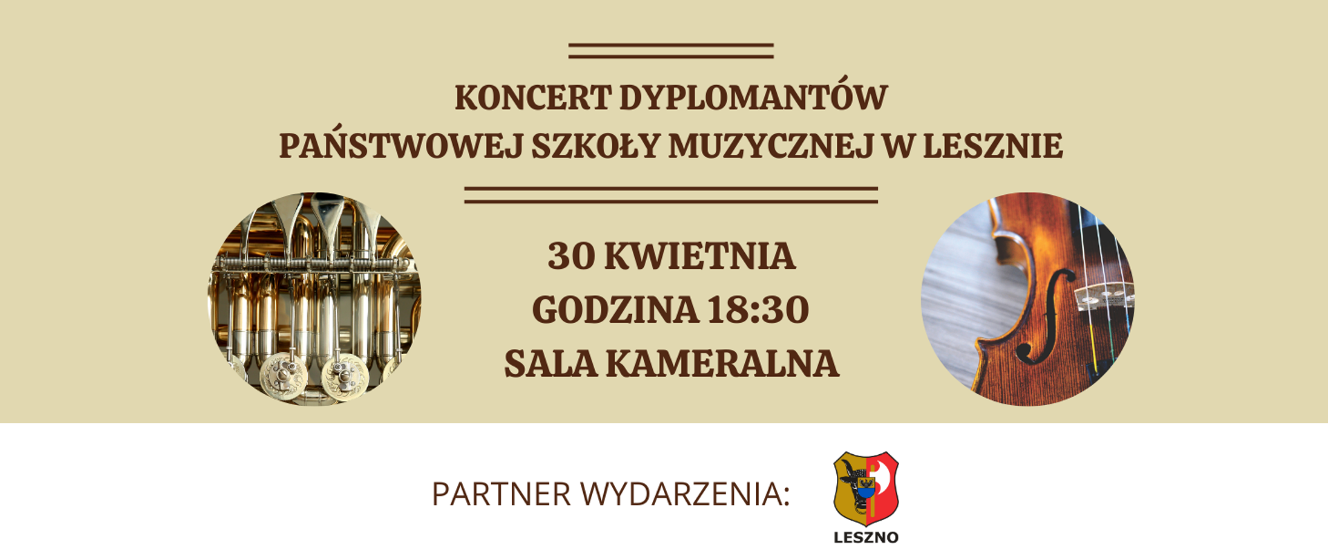 Plakat na beżowym tle z brązowymi literami i zdjęciami instrumentów w okrągłych ramkach. Na dole biały pasek z logo partnera.