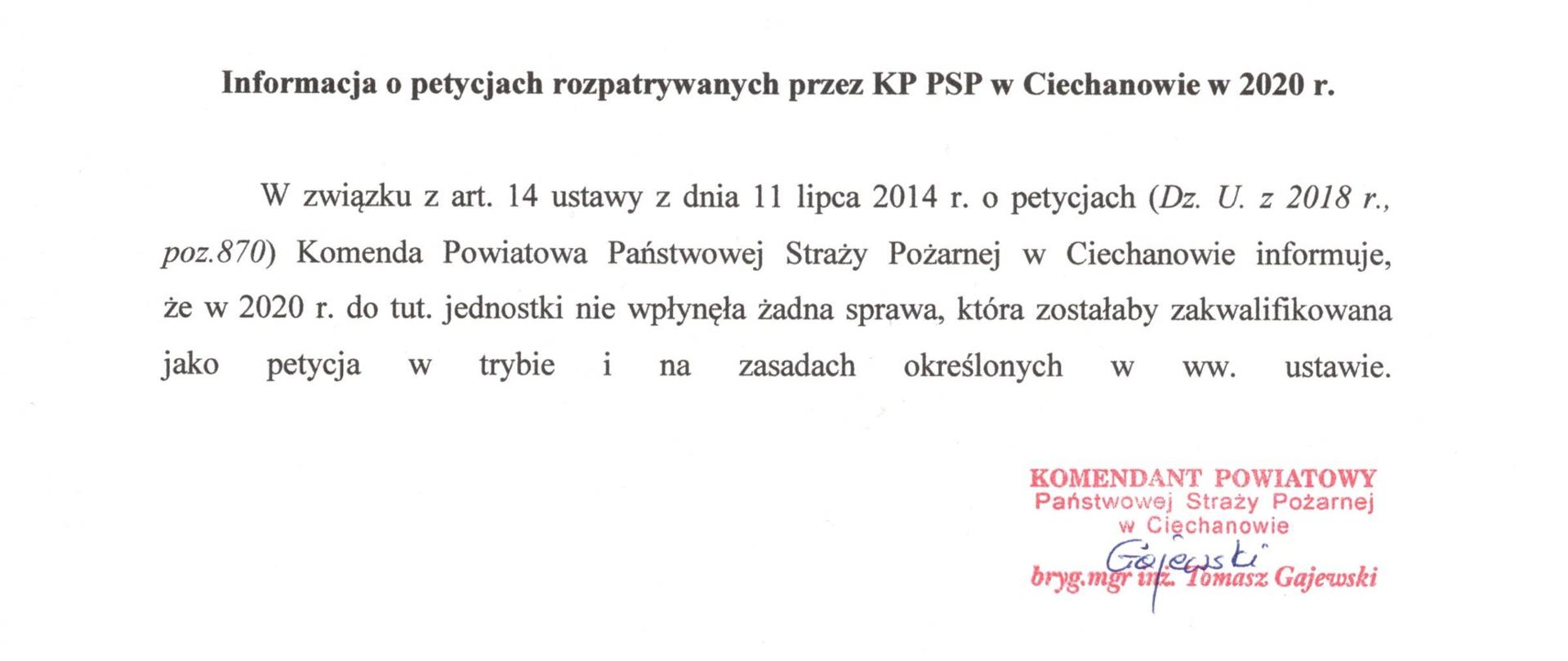 Informacja o petycjach rozpatrywanych przez KP PSP w Ciechanowie w 2020r.