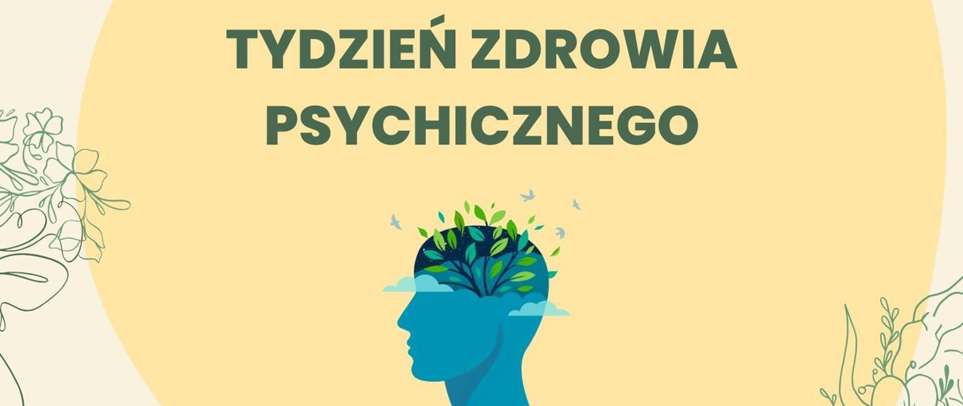 Na żółtym tle , profil niebieskiej ludzkiej głowy z której wylatują ptaki i zielone liście