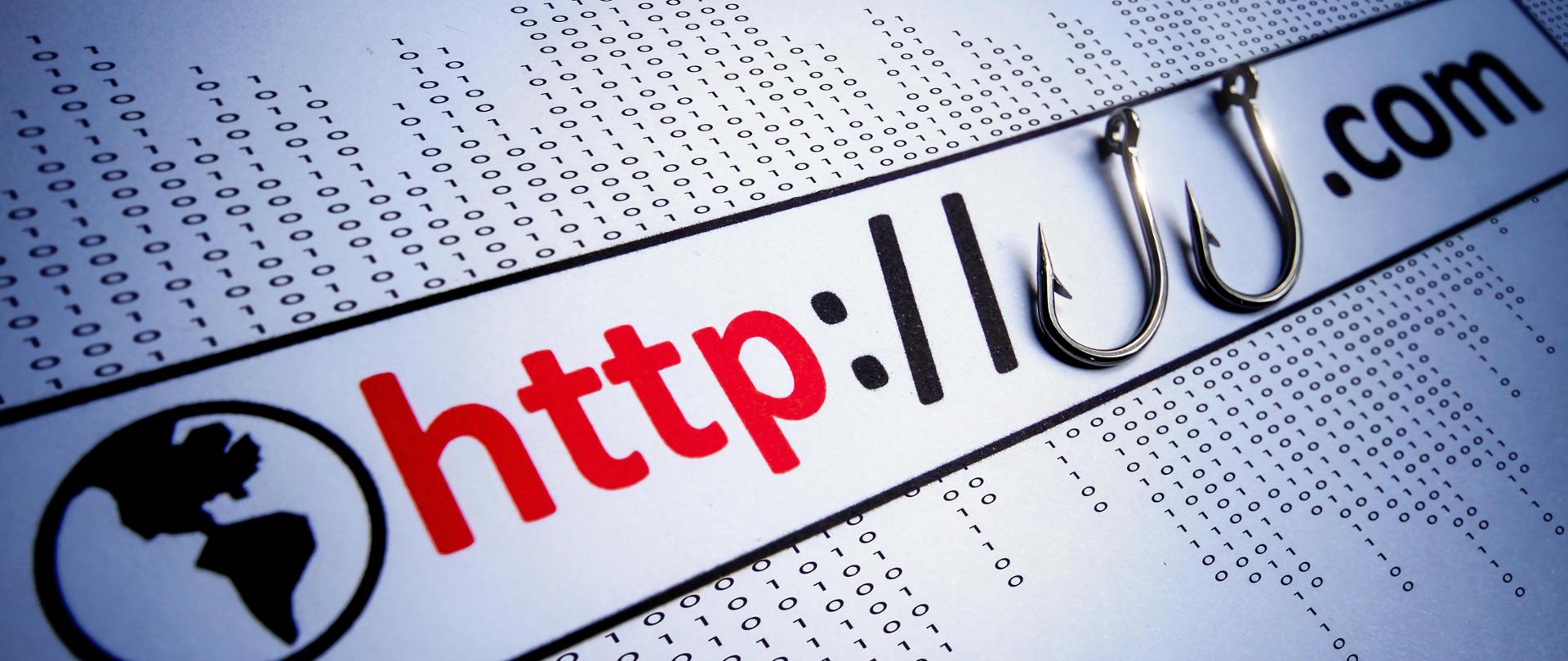 Kula ziemska i fragment adresu strony internetowej a po środku dwa haczyki 