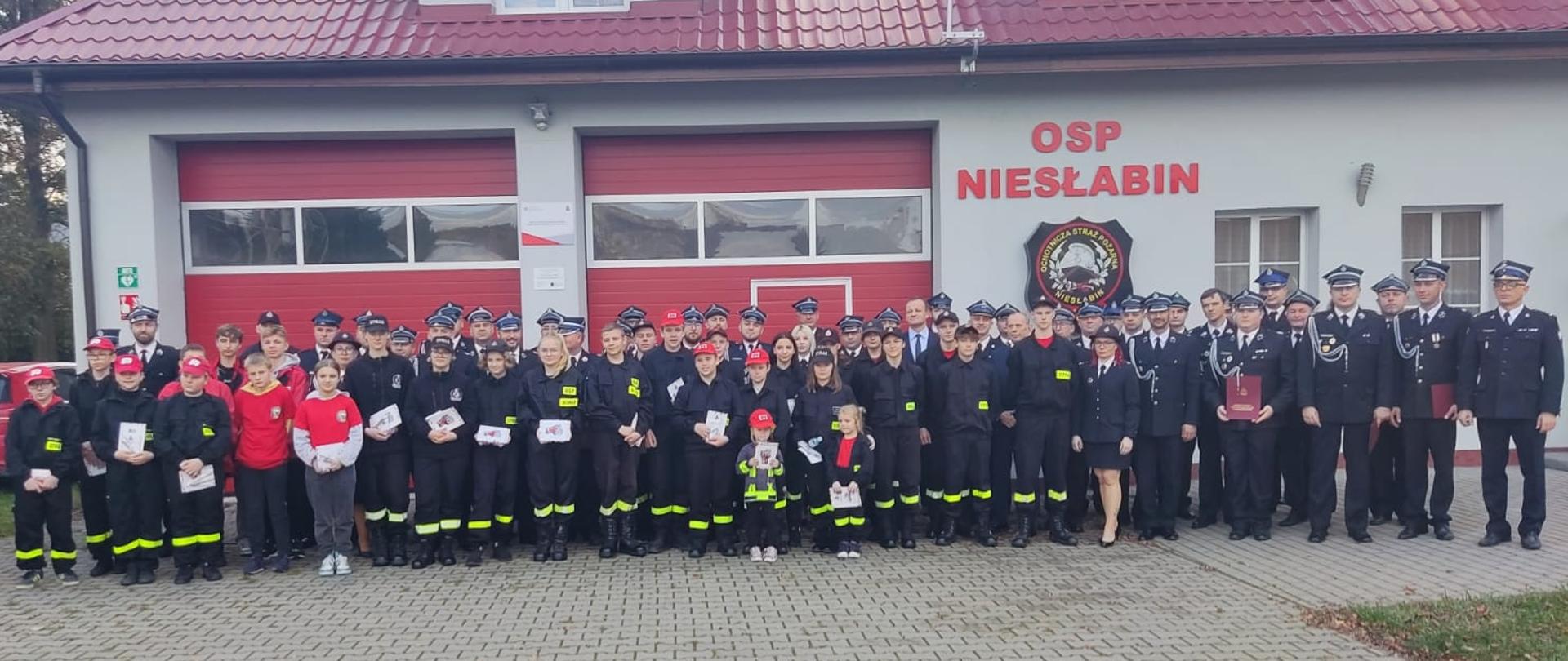 Zdjęcie grupowe na tle strażnicy OSP Niesłabin przed bramami garażowymi na którym stoją druhny i druhowie powiatu śremskiego i średzkiego, komendanci powiatowi PSP w Śremie i Środzie Wlkp. Poseł na Sejm RP i Starosta śremski oraz członkowie MDP 
