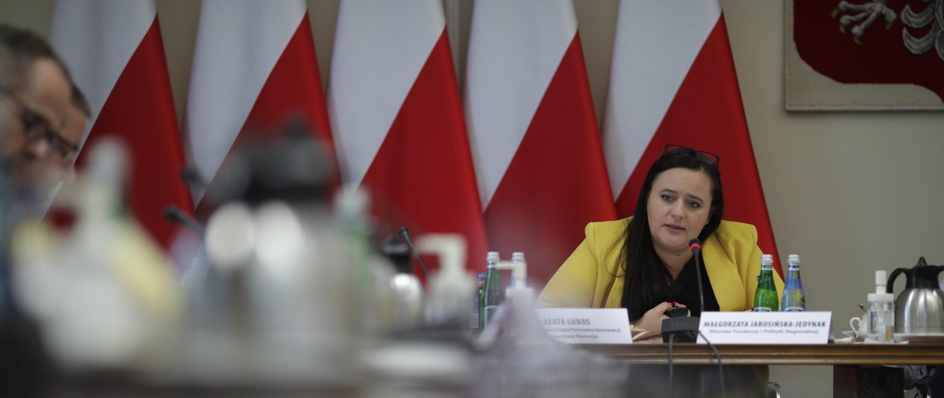 Minister Jarosińska-Jedynak siedzi przy stole, mówi do mikrofonu za nią stoją flagi Polski 