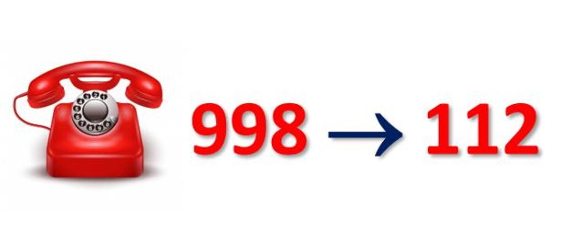 Czerwony telefon z tarcza analogową obok niego czerwony napis 998 i granatowa strzałka w kierunki czerwonego napisu 112