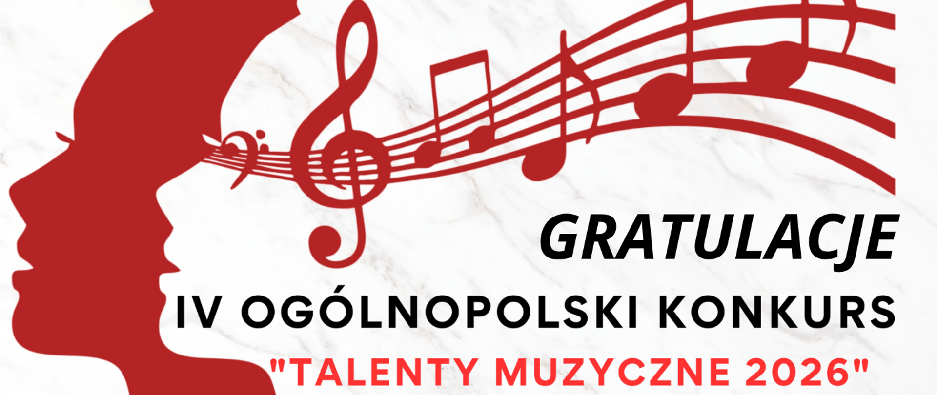 Tło obrazka w kolorze biało- beżowym. W centralnej części profil głowy człowieka w odcieniu bordowym, a z jego oczy wypływają bordowe pięciolinie z kluczem wiolinowym i nutami. Poniżej czarny napis: "gratulacje", poniżej "IV Ogólnopolski Konkurs", dalej czerwonymi literami "Talenty Muzyczne 2026". 