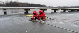 Zdjęcie przedstawia dwóch strażaków ćwiczących na zamarzniętym zbiorniku wodnym z wykorzystaniem deski ortopedycznej