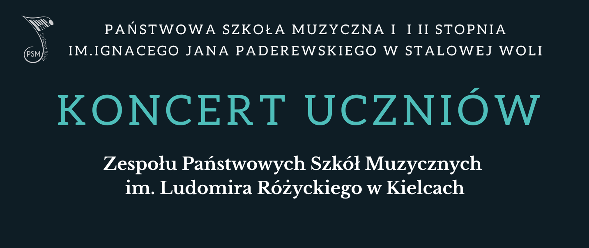 Plakat zapraszający na Koncert uczniów ZPSM w Kielcach. Kolorystyka plakatu utrzymana w ciemnych barwach, w górnej części logo szkoły oraz pełna nazwa szkoły, poniżej wykonawcy oraz program koncertu. W dolnej części plakatu data i godzina wydarzenia. Dół plakatu to grafika przypominająca klawiaturę fortepianu.