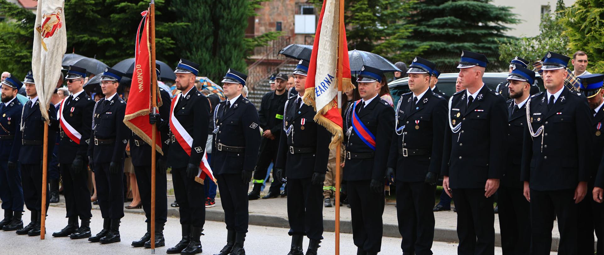 Fotografia przedstawia poczty sztandarowe ustawione w rządzie podczas uroczystości.