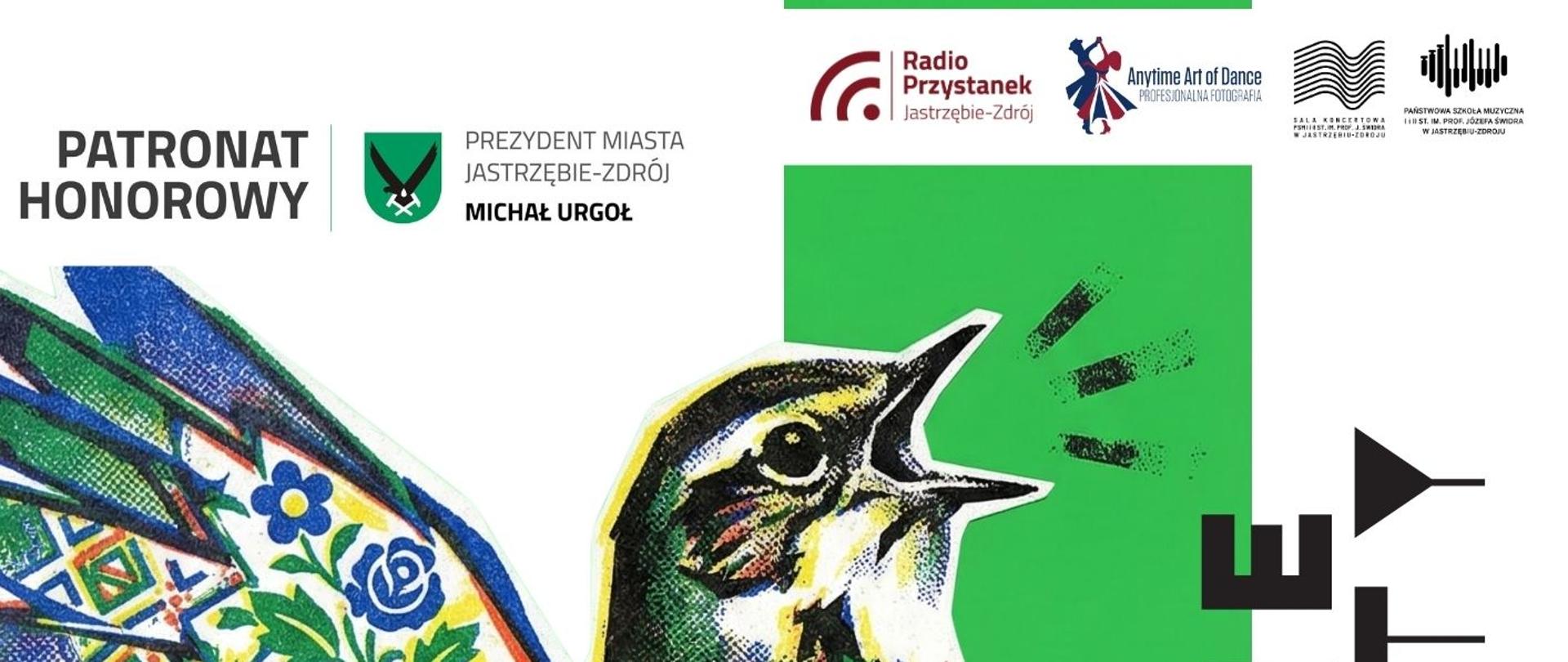 Plakat przedstawiający śpiewającego ptaka siedzącego na gałęzi zapraszającego na Festiwal pod tytułem "Wiosenne świergoty". Festiwal odbędzie się w dniu 17 kwietnia 2026 roku o godz. 18.00