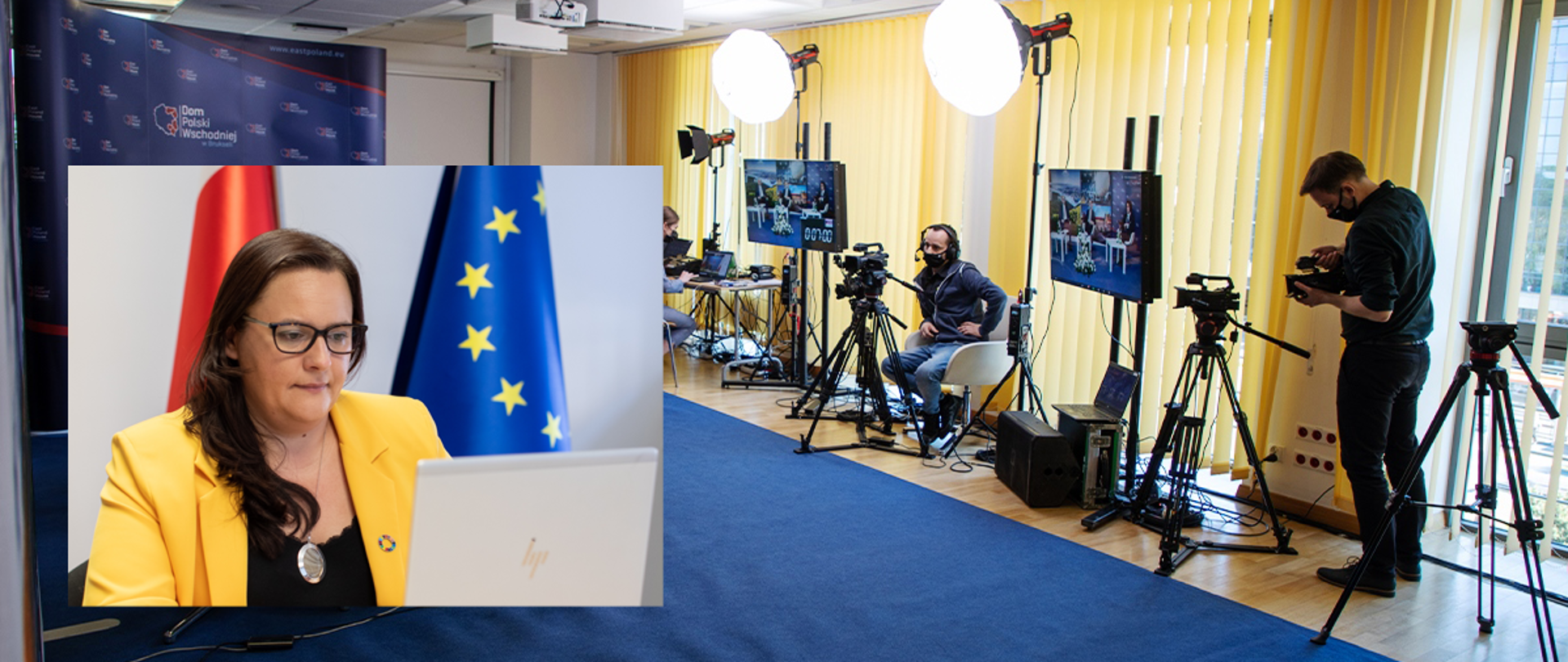 Kolaż dwóch zdjęć. Na dużym zdjęciu sal z monitorami na statywach i kamerzyści. Na małym wiceminister Małgorzata Jarosińska-Jedynak przed monitorem.