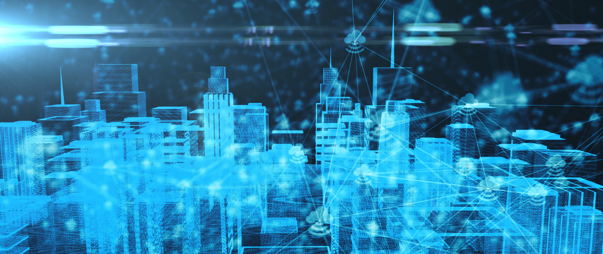 Rysunek przedstawiający sieć połączeń 5G oraz budynki