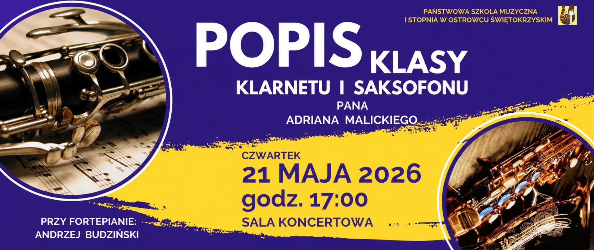 klarnet i saksofon w kółkach po bokach, napisy w kolorze fioletowym i białym na żółto-fioletowym tle, z logo szkoły w kolorze brązowo-żółtym