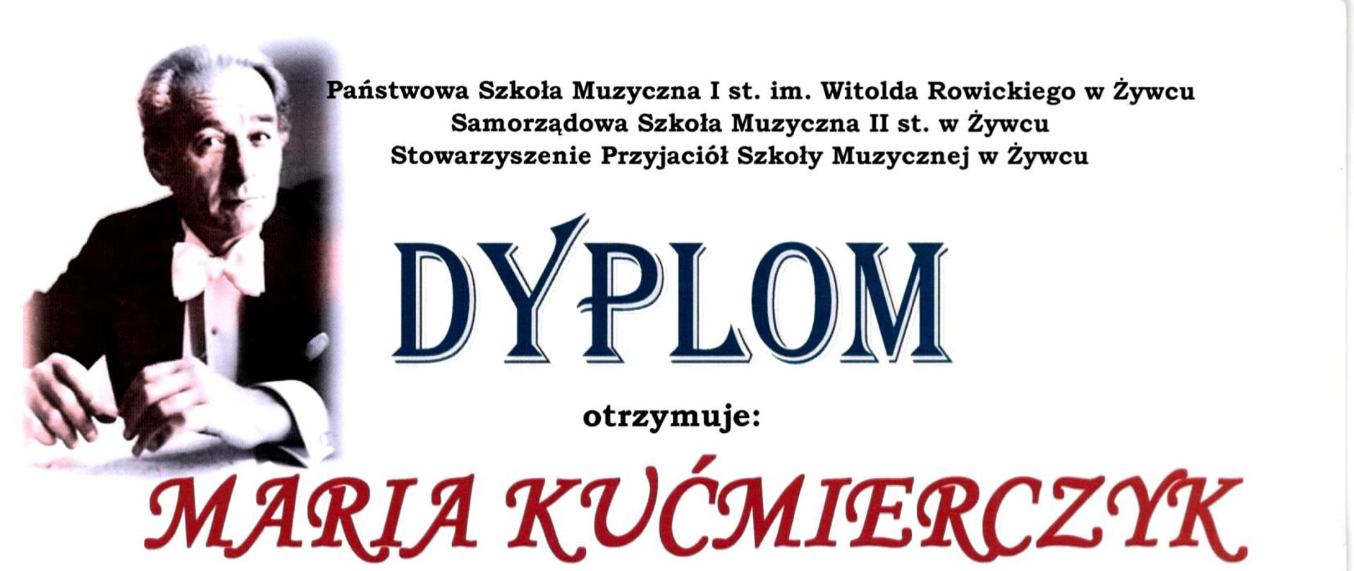 Dyplom za II miejsce, białe tło, napisy niebieskie i czerwone, w lewym górnym rogu zdjęcie Witolda Rowickiego