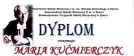 Dyplom za II miejsce, białe tło, napisy niebieskie i czerwone, w lewym górnym rogu zdjęcie Witolda Rowickiego